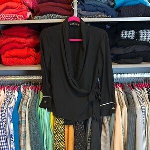 Zara black/white piping long sleeve wrap blouse size S